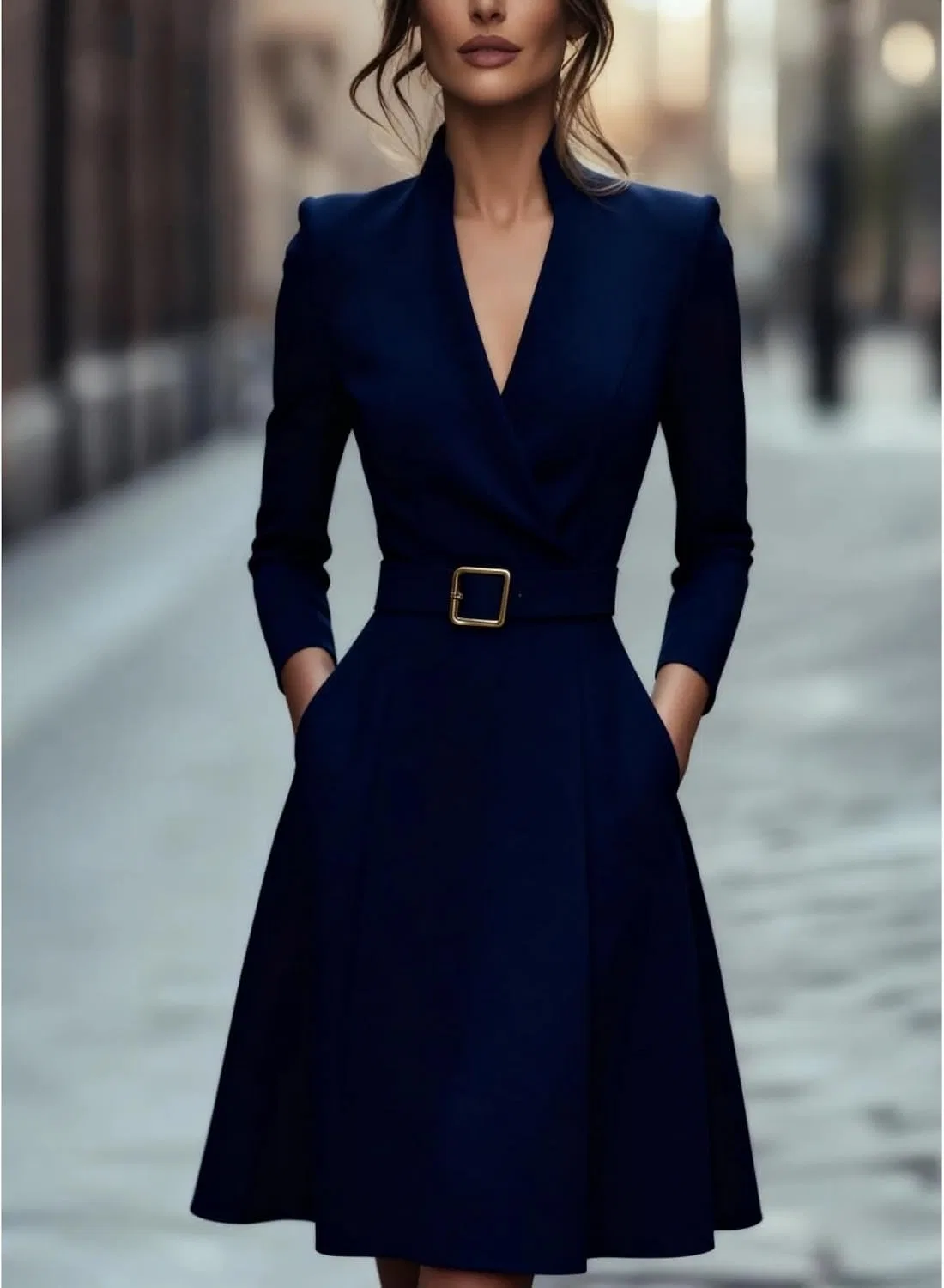 Женское платье-футляр с воротником-мандарин, модель Refined Belted Sheath Dress, тёмно-синий — фото 3