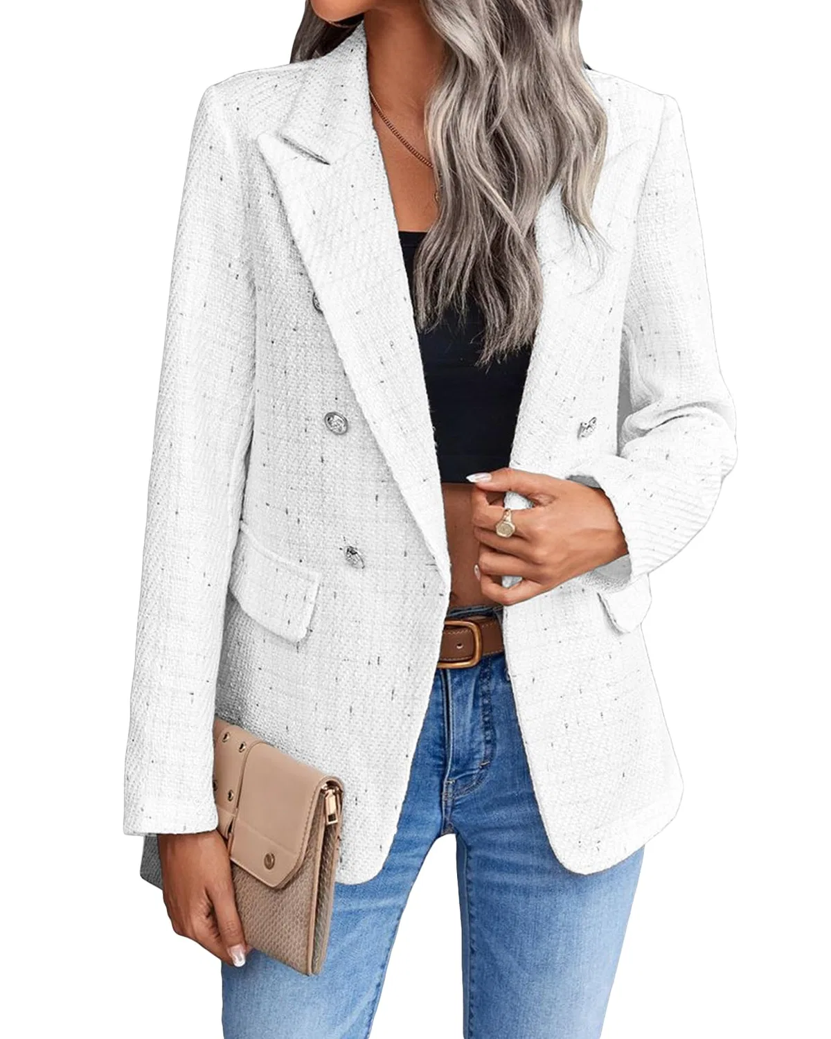 Женское твидовое пальто с принтом в клетку, 1-tweed / white