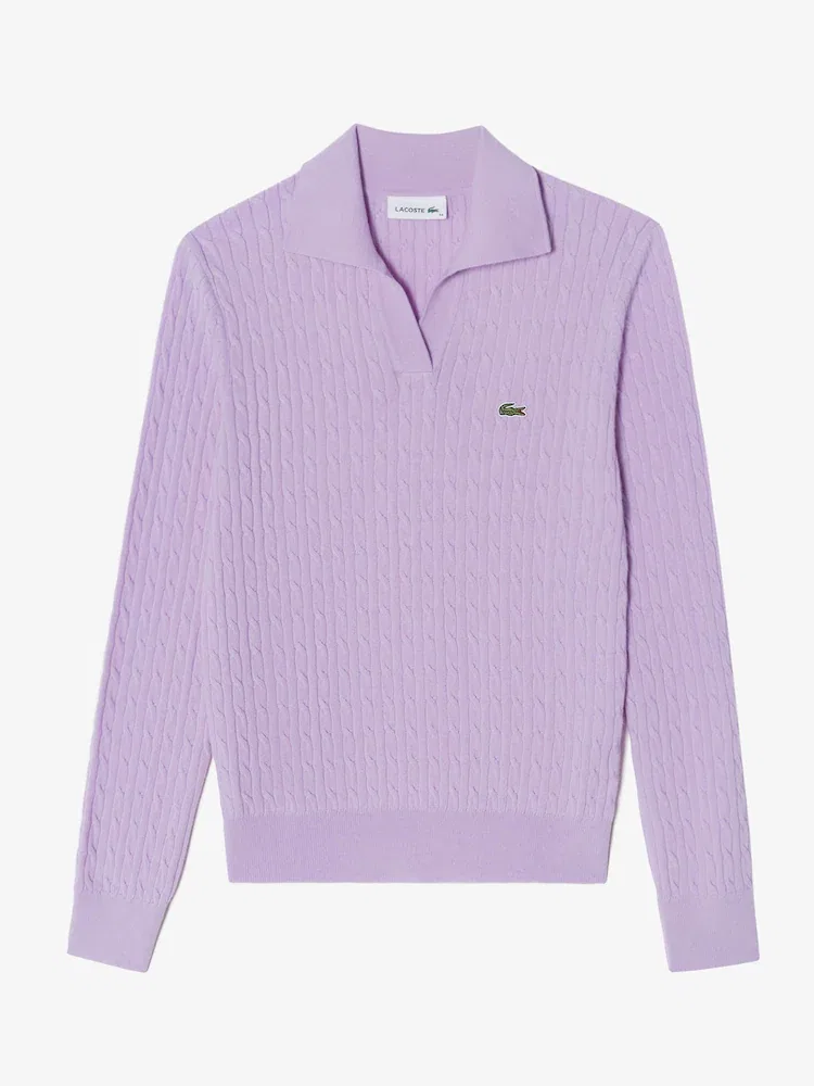 Свитер LACOSTE с кабельной вязкой, открытый воротник, светло-фиолетовый — фото 3