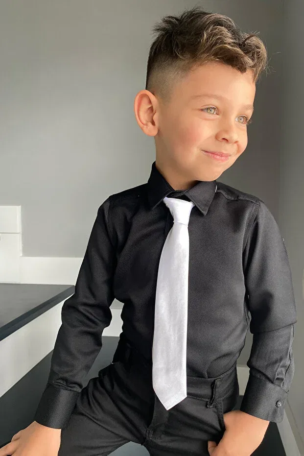 Детский комплект рубашек с галстуком Dobby Black Shirt Tie Set of 2 Entel, White — фото 4