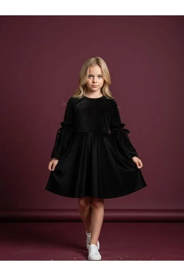 Детское платье для девочек из велюра с длинным рукавом Zekids, Black — фото 3