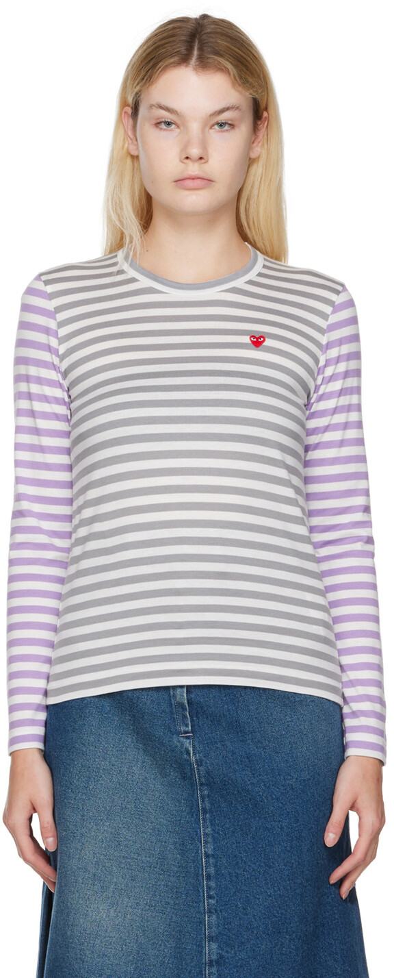 

Серо-фиолетовая полосатая футболка Comme des Garçons Play, Фиолетовый, Серо-фиолетовая полосатая футболка Comme des Garçons Play