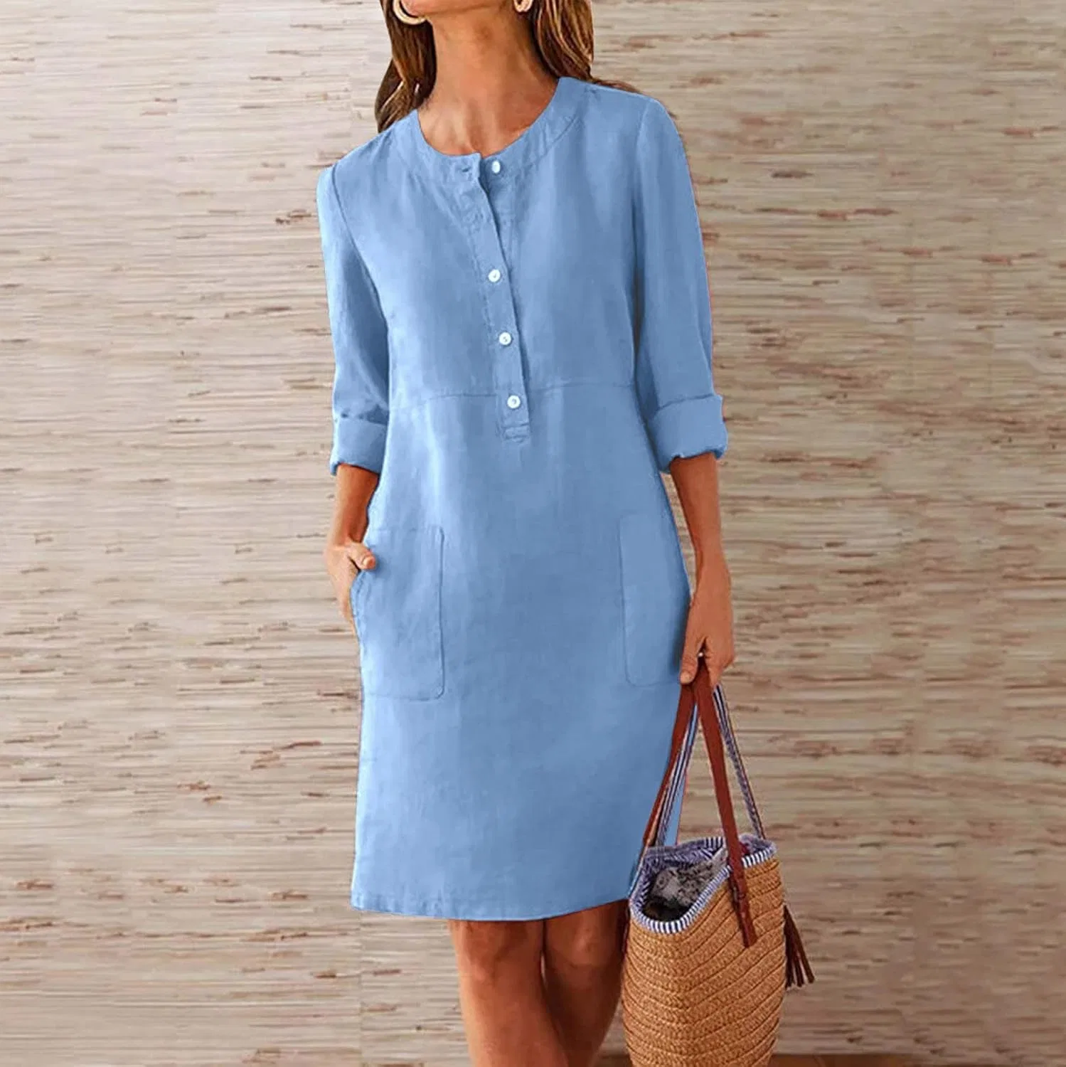 Женское платье-туника с длинным рукавом и карманами Cotton Linen, Blue — фото 2