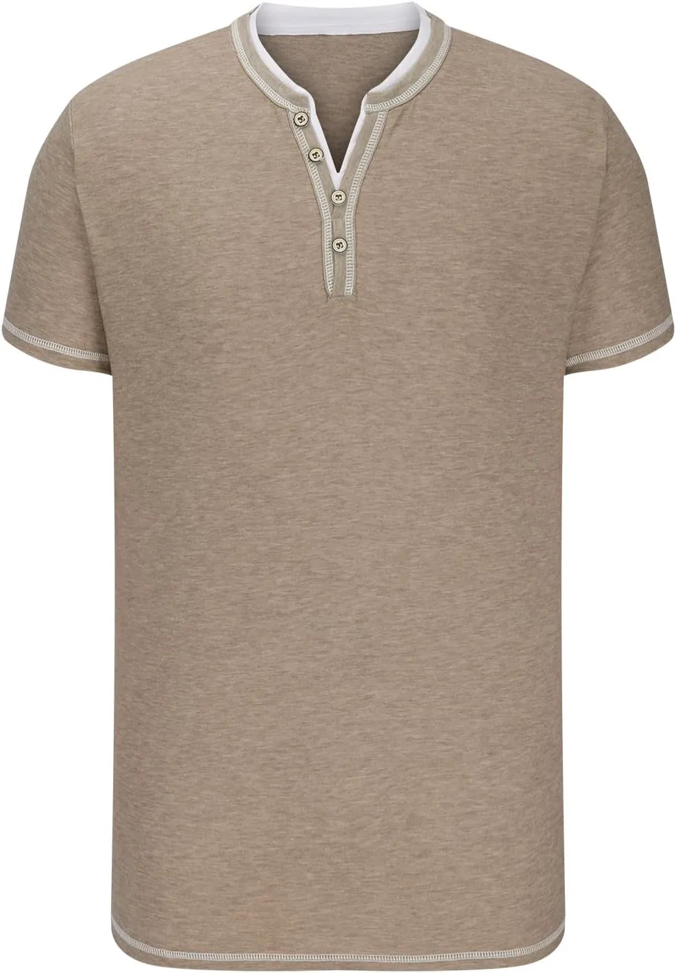 Мужская хлопковая футболка-поло Henley с коротким рукавом, Khaki — фото 4