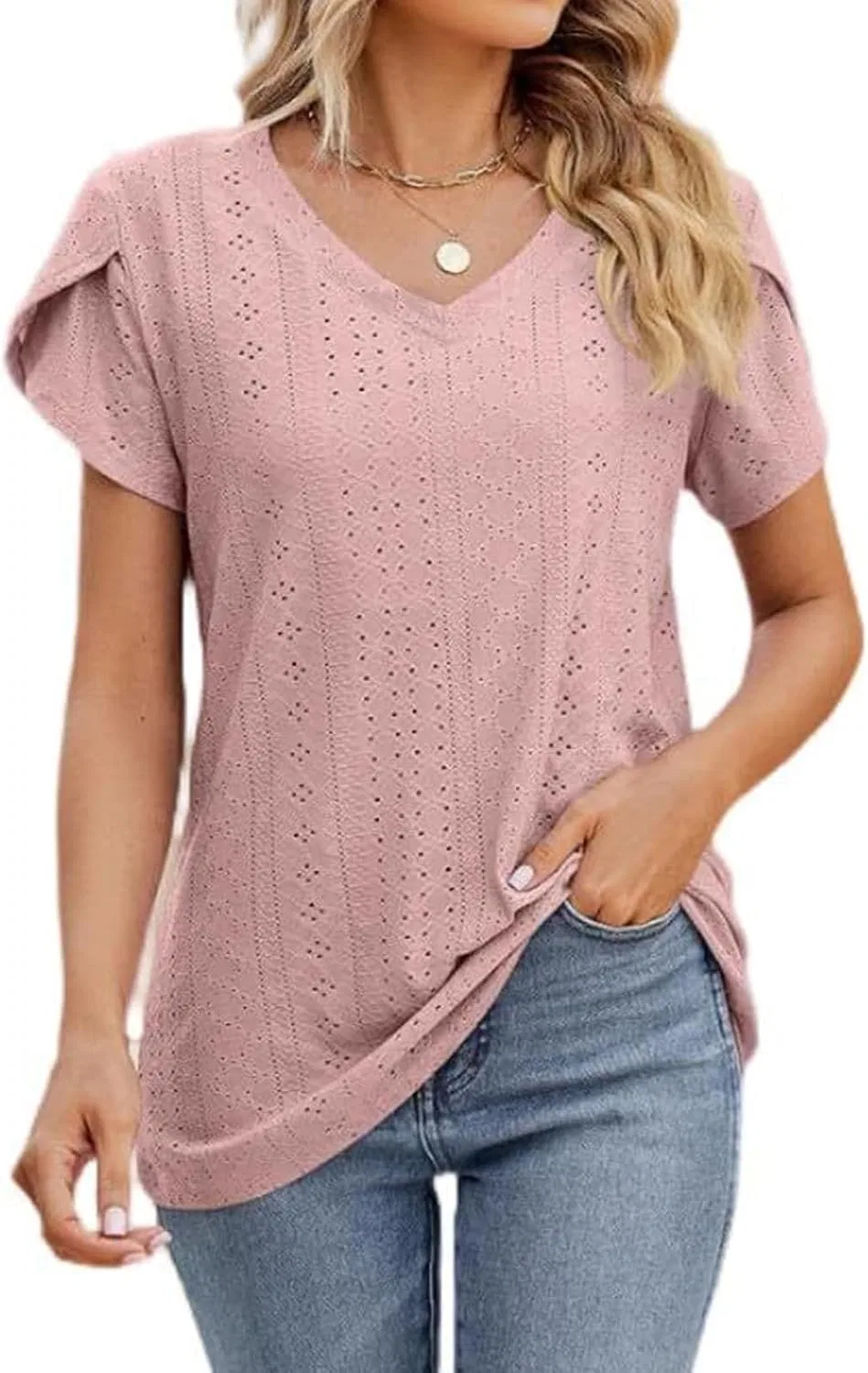 Женская футболка с вышивкой V-образным вырезом Casual Summer, Light Pink — фото 3