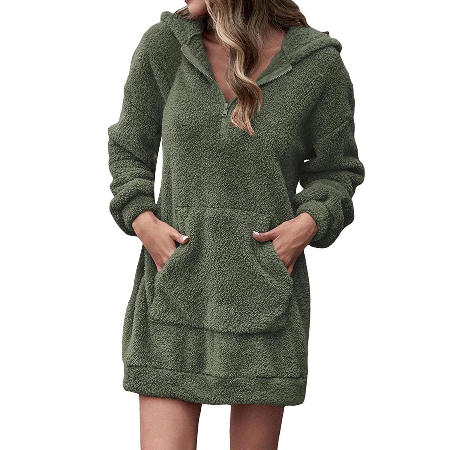 Женское зимнее пальто с капюшоном, длинное, из флиса, Verde