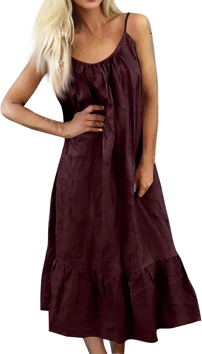 Женское повседневное платье без рукавов с рюшами, Wine