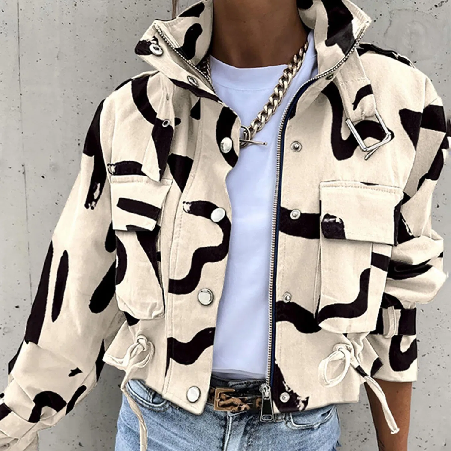 Женская куртка с длинным рукавом с принтом Reversible Down Jacket, dark khaki — фото 2