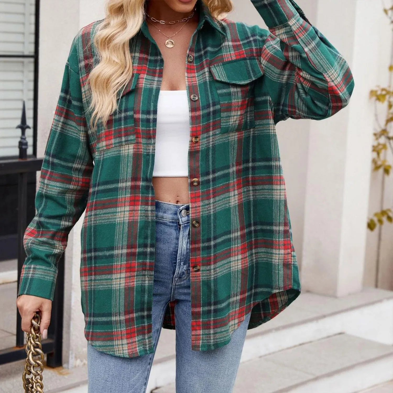 Женская зимняя куртка с принтом Women Plaid Jacket Winter Jacket Chest Pocket Button Down Long Sleeve Teen College Oversized Jacket Y2K, green — фото 4