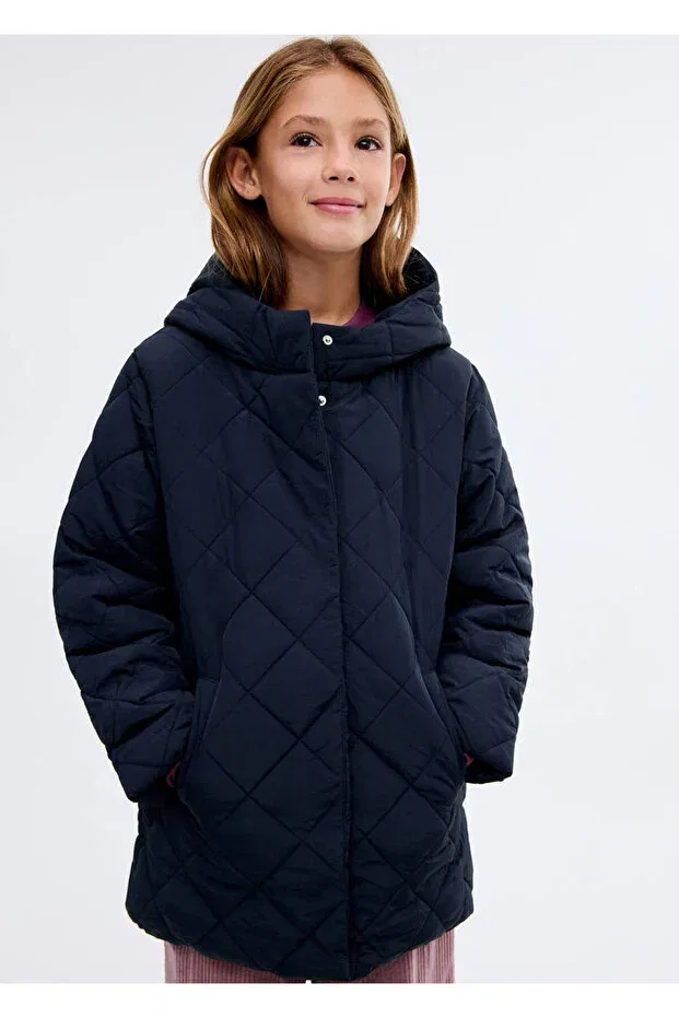 Детское пальто для девочек стеганое Diamond patterned quilted anorak Mango Kids, Navy Blue