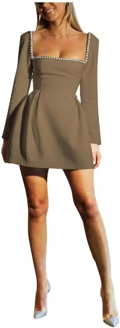 Женское короткое платье с длинным рукавом A-line из сатина YH45, Taupe