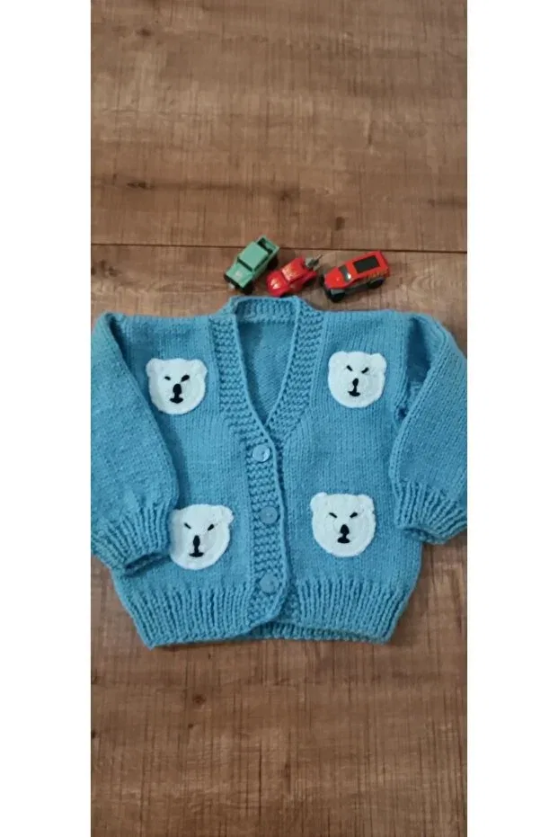 Детский кардиган для мальчиков с принтом Hand knitted boy's cardigan with bear El Örgüsü Cici Bebe, Light Blue