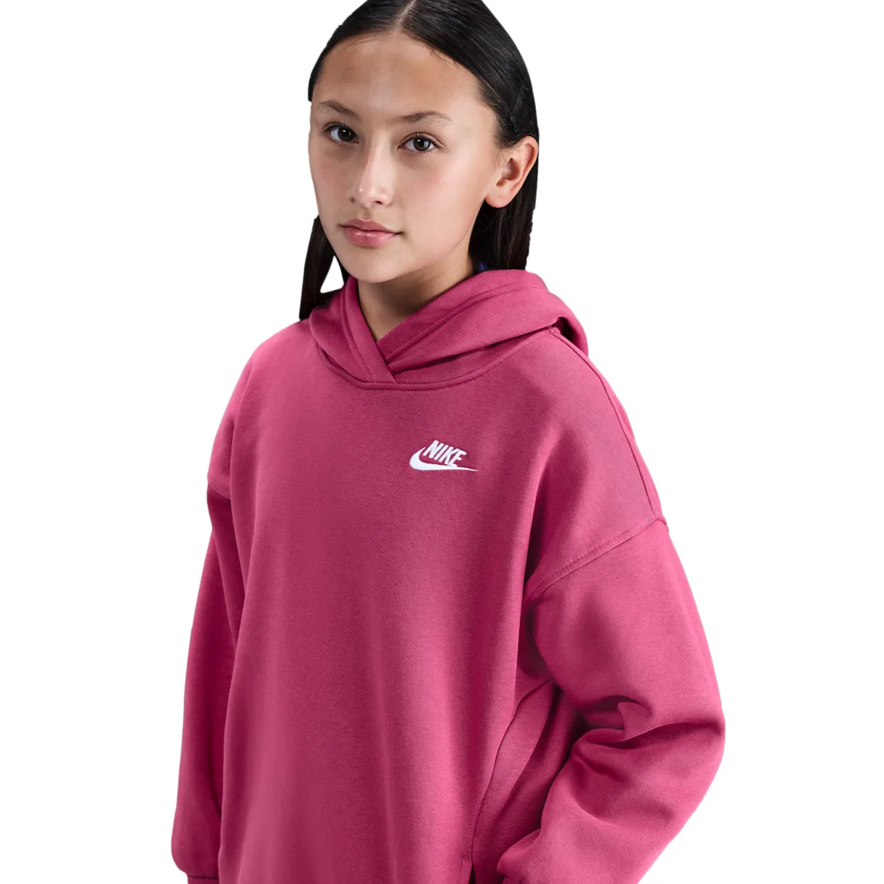 Толстовка для девочек Club Fleece Oversized PO Nike, цвет Sweet Beet/White/Sweet Beet — фото 4