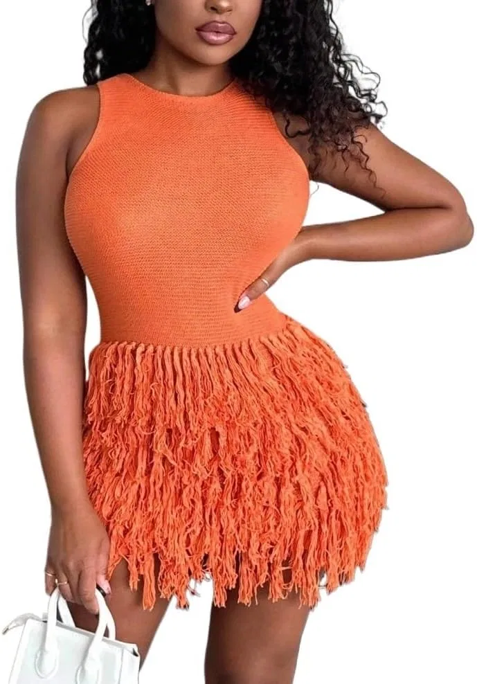 Женское мини-платье с бахромой Knit Dress, Orange