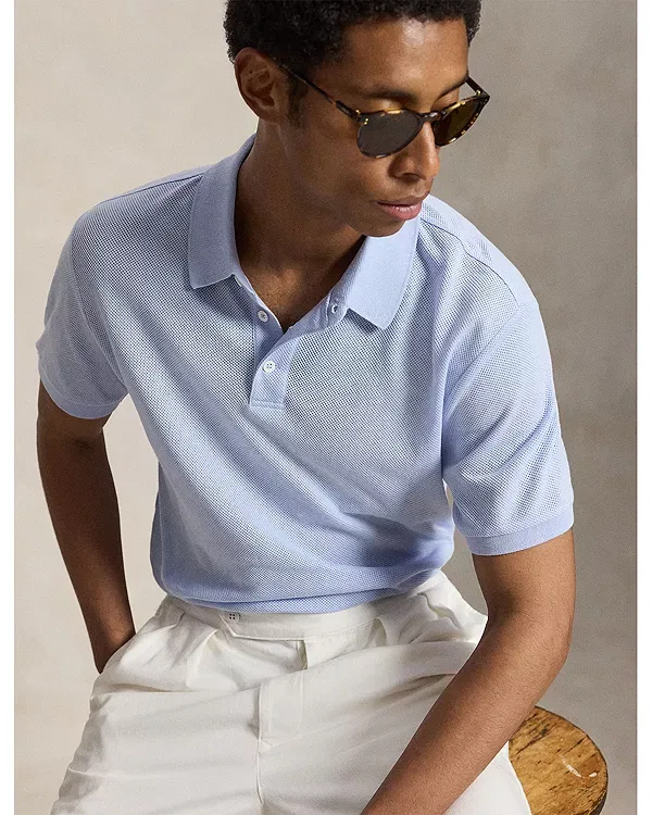 Мужская рубашка поло с коротким рукавом Pointelle Jersey Polo Ralph Lauren, синий — фото 4