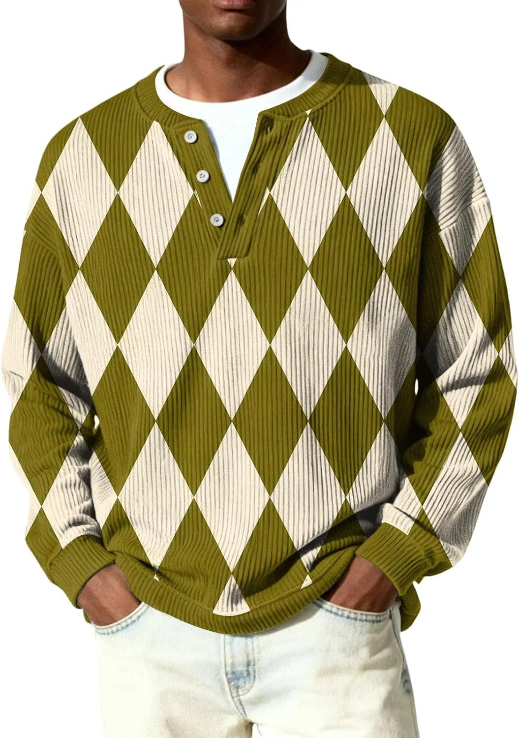 Мужская футболка с длинным рукавом, Ribbed Knit Henley, армейский зелёный