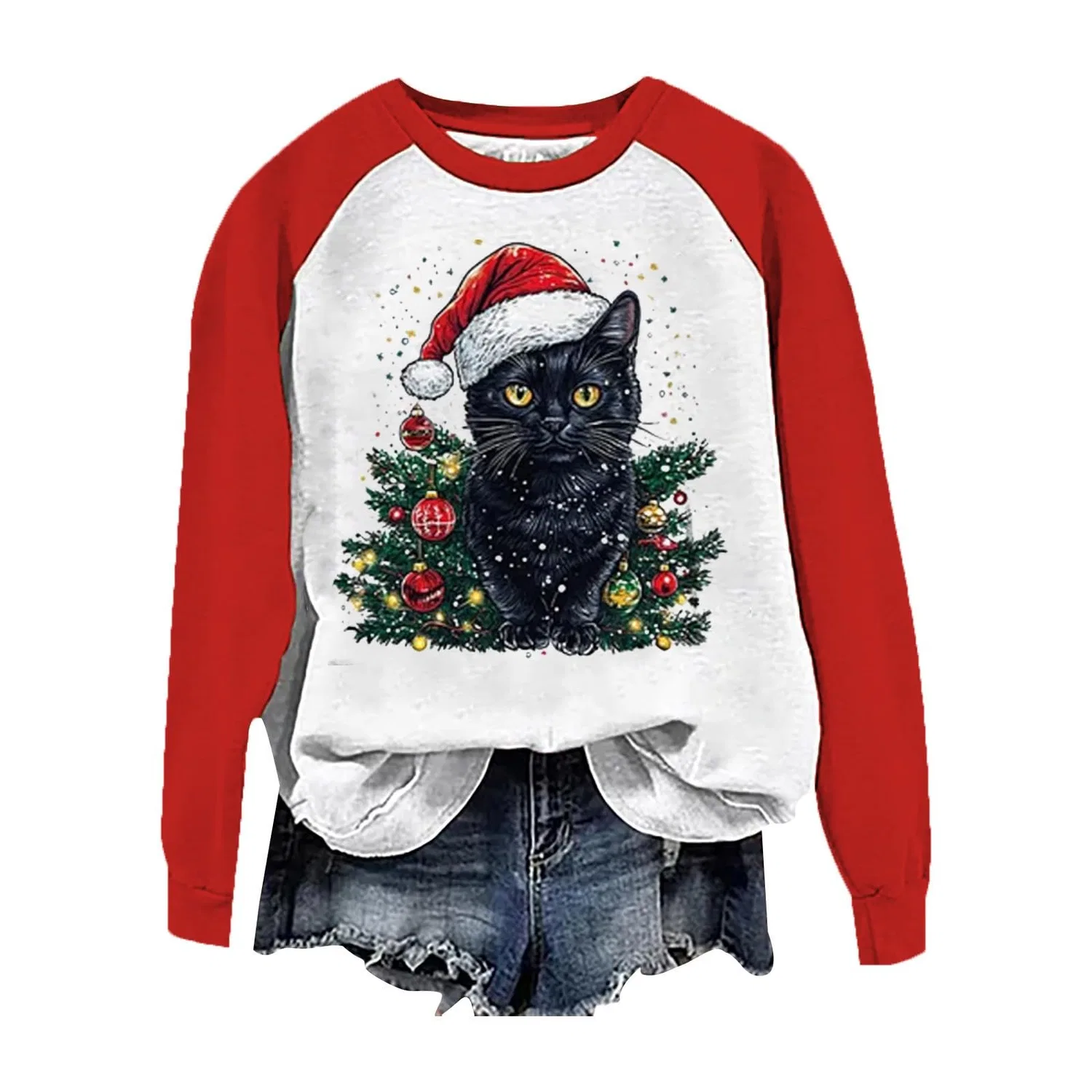 Женский свитшот с принтом Christmas Tree Funny Cat Say What Woman Pullover, Z11 Red — фото 3