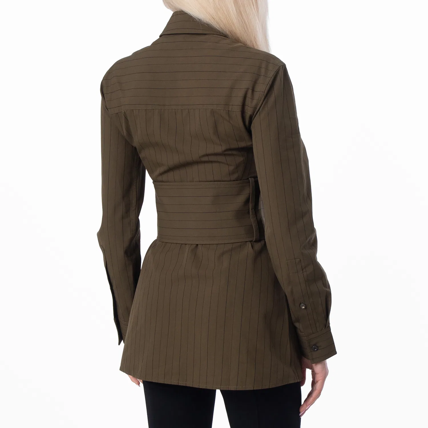 Женская рубашка с полосками и поясом Pinstriped Cotton-Poplin Belted Shirt Burberry, Juniper/Raven — фото 4