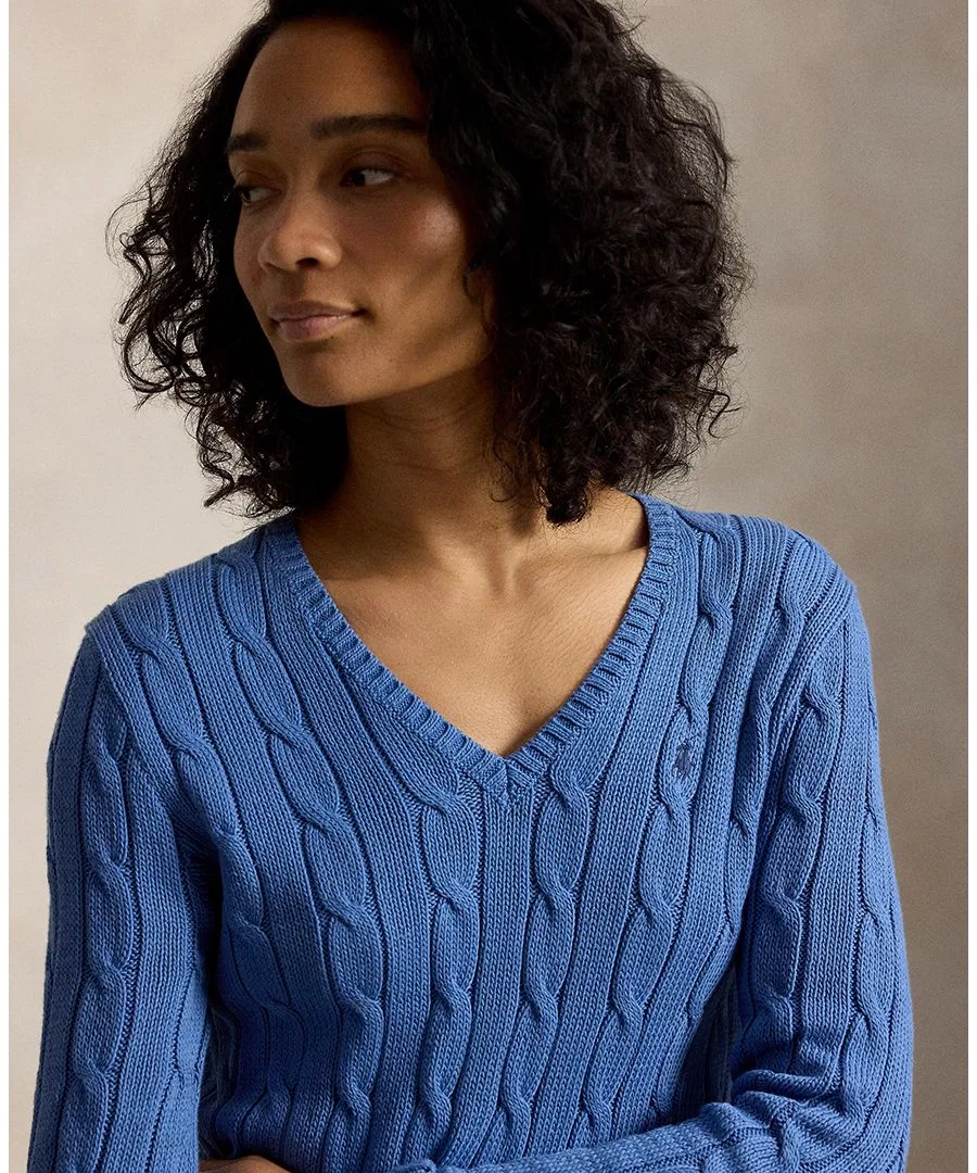 Свитер с V-образным вырезом из хлопка с косами Polo Ralph Lauren, Nimes Blue — фото 2