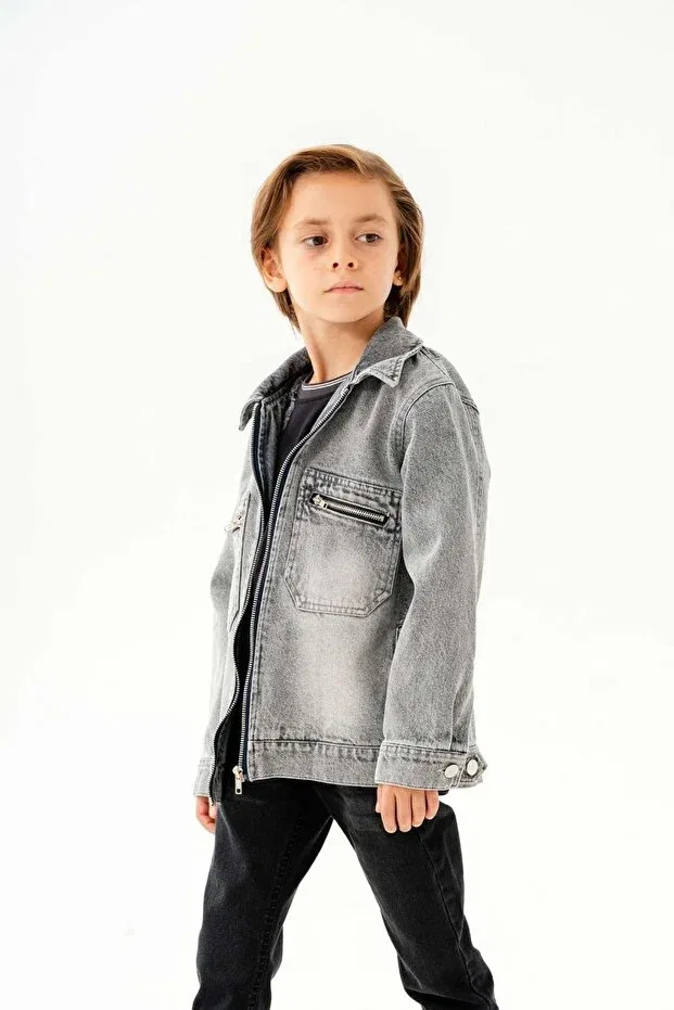Детский джинсовое пиджак для девочки с длинным рукавом Zippered Double Pocket Boy's Denim Jacket Dazzledkids, Gray — фото 2