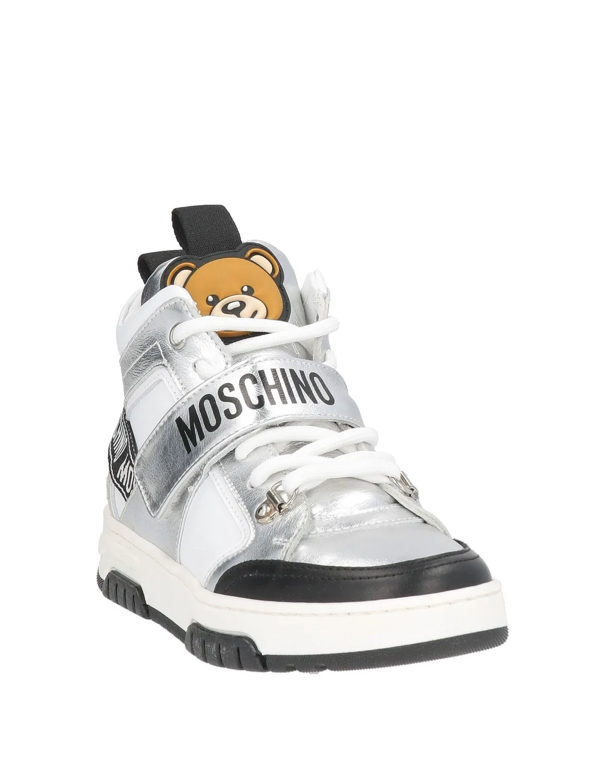 Детские кроссовки высокие на молнии и липучке Leather Silver Moschino Teen, серебряный — фото 2
