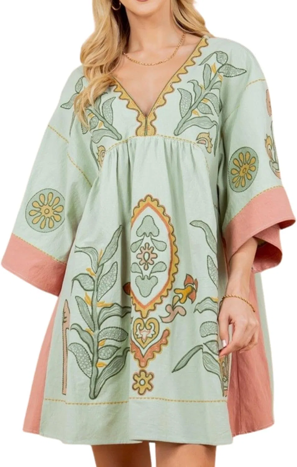 Женское свободное платье с вышивкой V-образным вырезом 3/4 рукава, Light Green