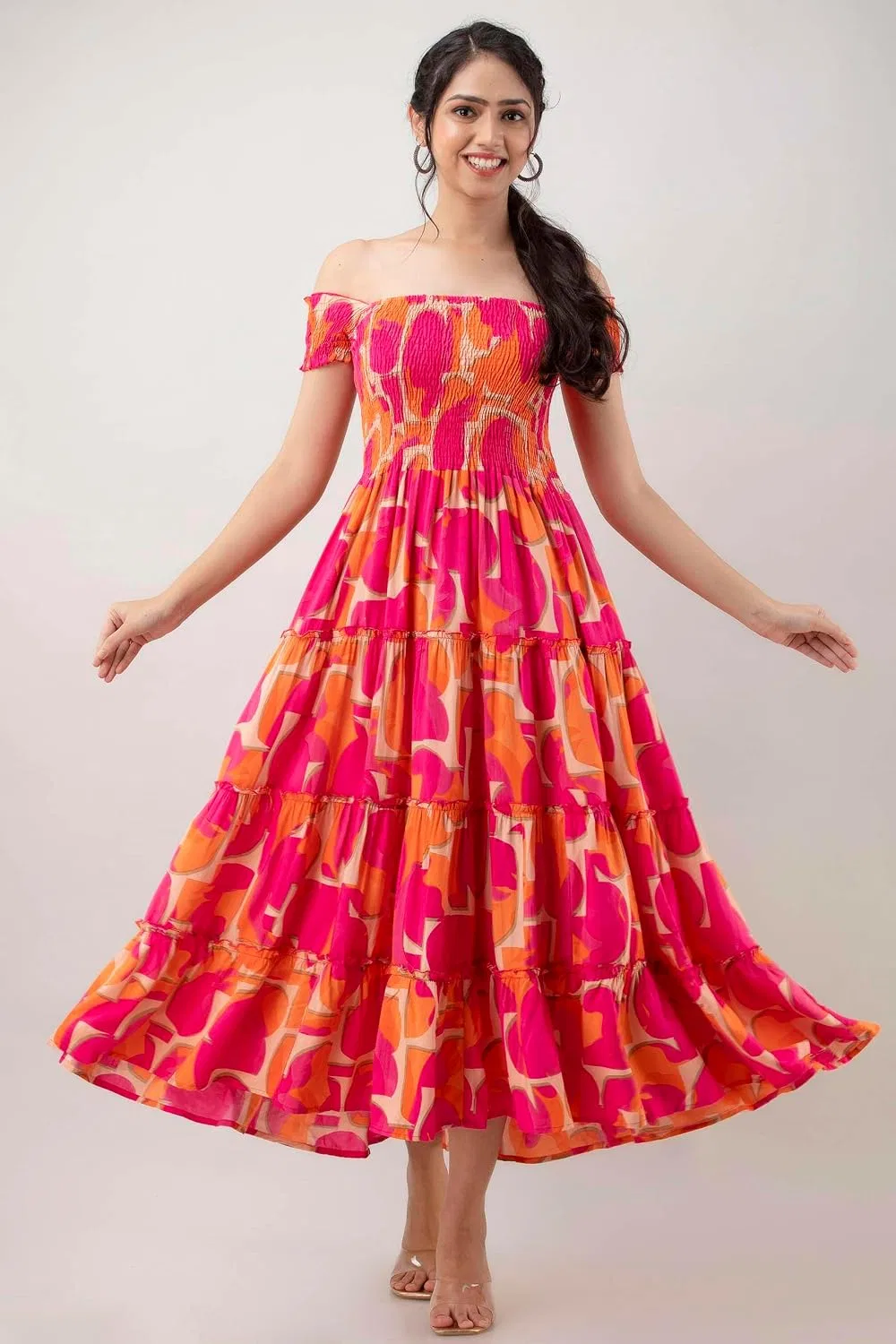 Женское летнее платье миди с цветочным принтом Rianshi Craft, Pink Strip — фото 4