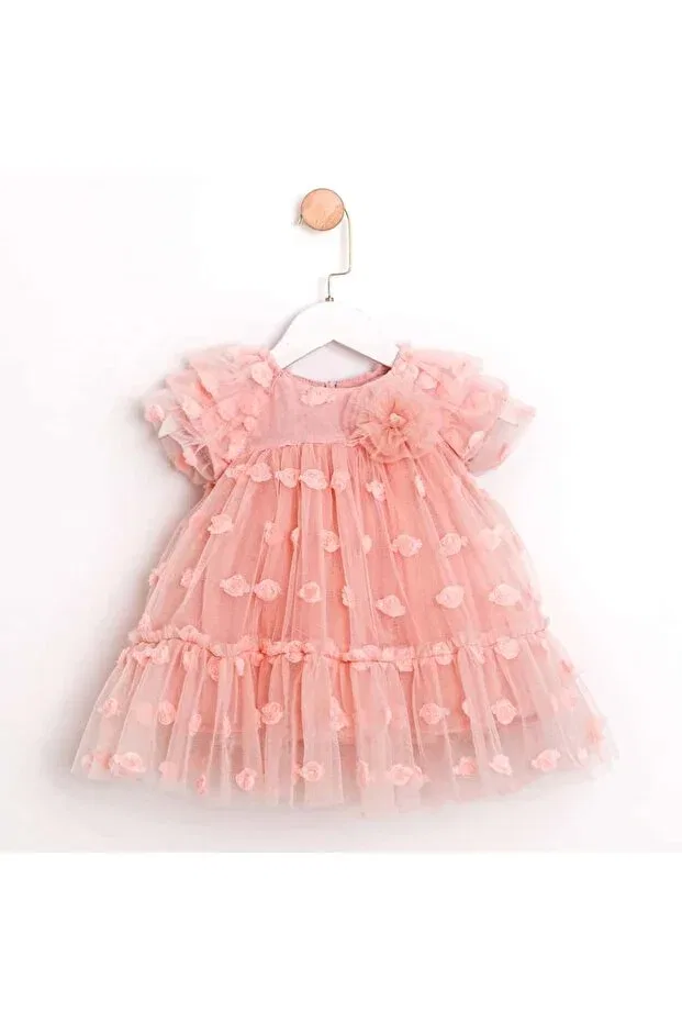 Детское платье для девочек с принтом Salmon color floral patterned tulle baby girl birthday and special occasion dress Pitababy, Pink — фото 2