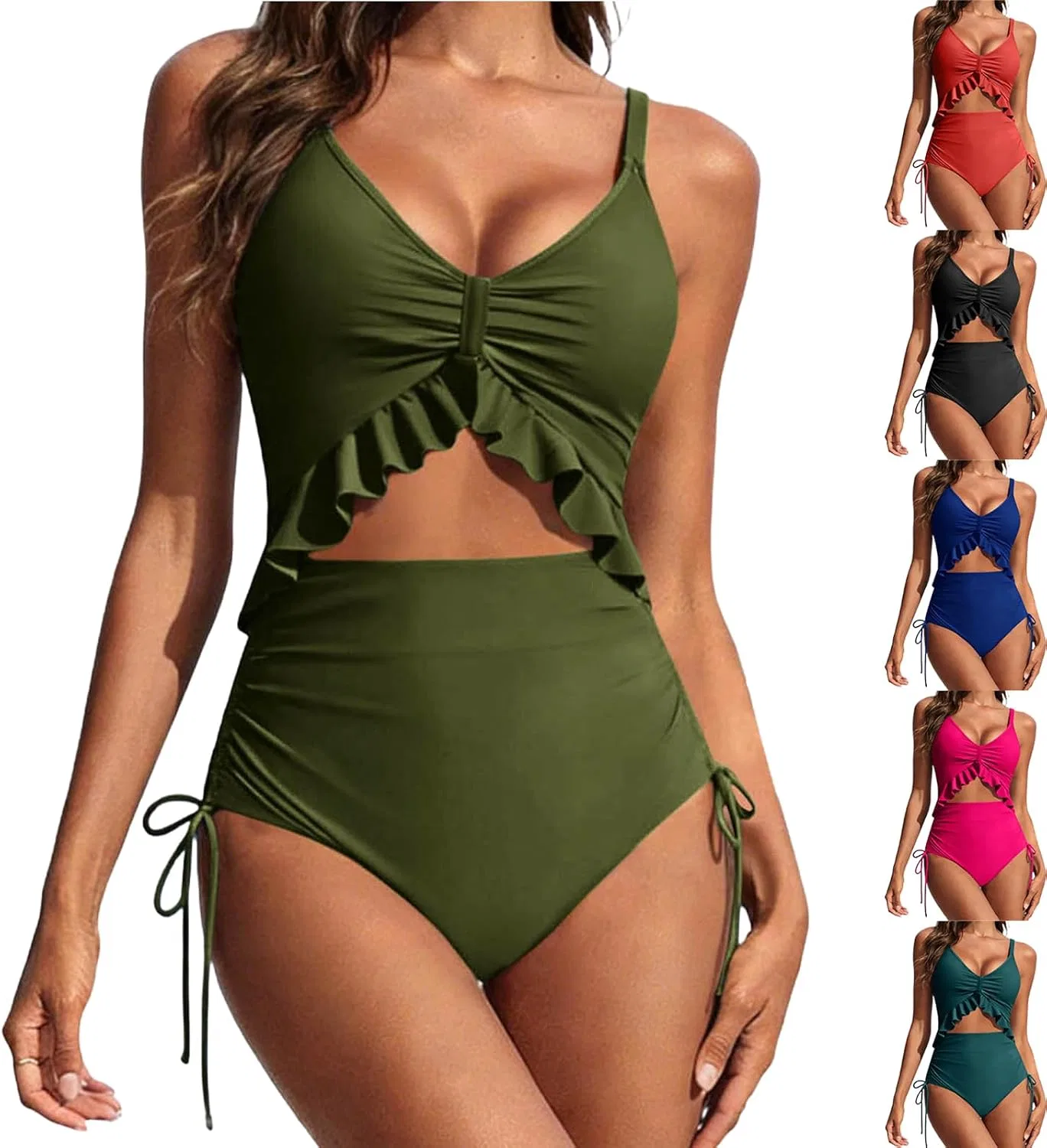 Женский цельный купальник с вырезом и рюшами Army Green