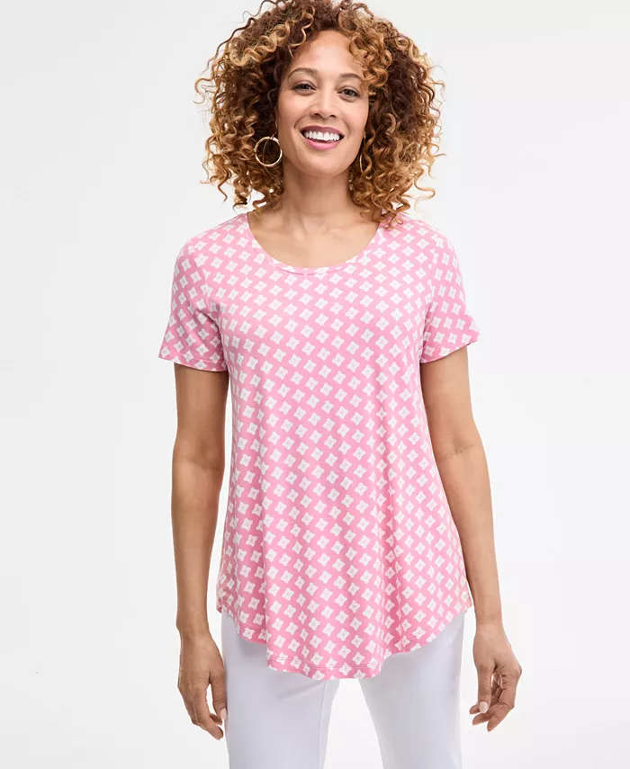 

Женский топ с коротким рукавом и круглым вырезом, принт JM Collection, розовый