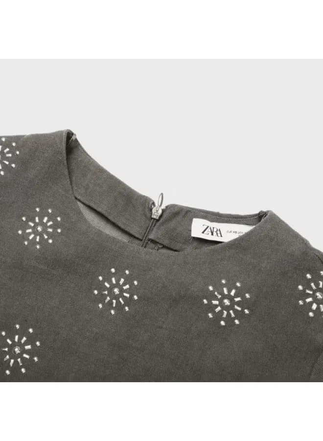 Платье с коротким рукавом хлопково-льняное Zara, серый — фото 4