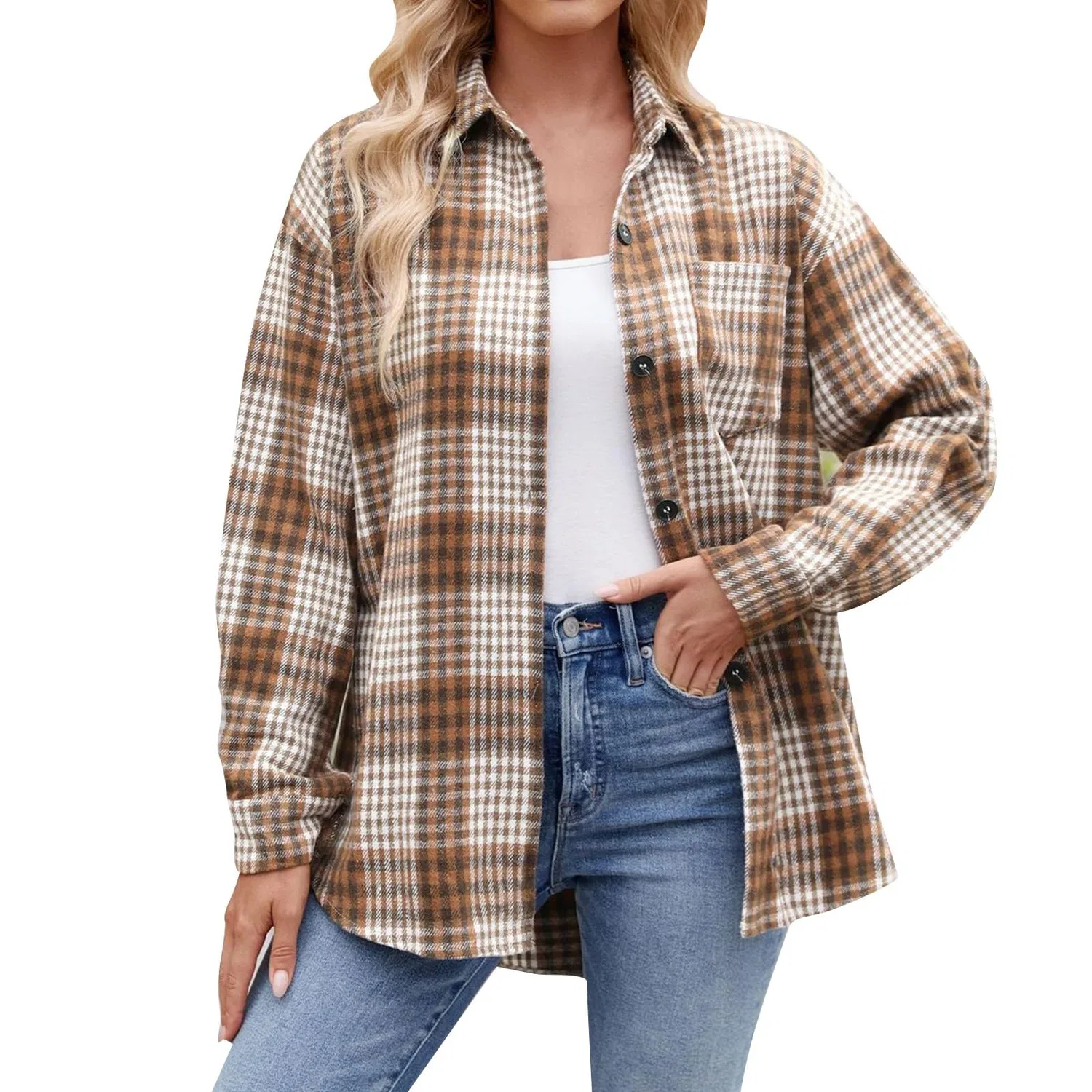 Женская флисовая куртка с принтом в клетку Ladies Check Button Down Long Sleeve Jacket Two Tone, Mocha