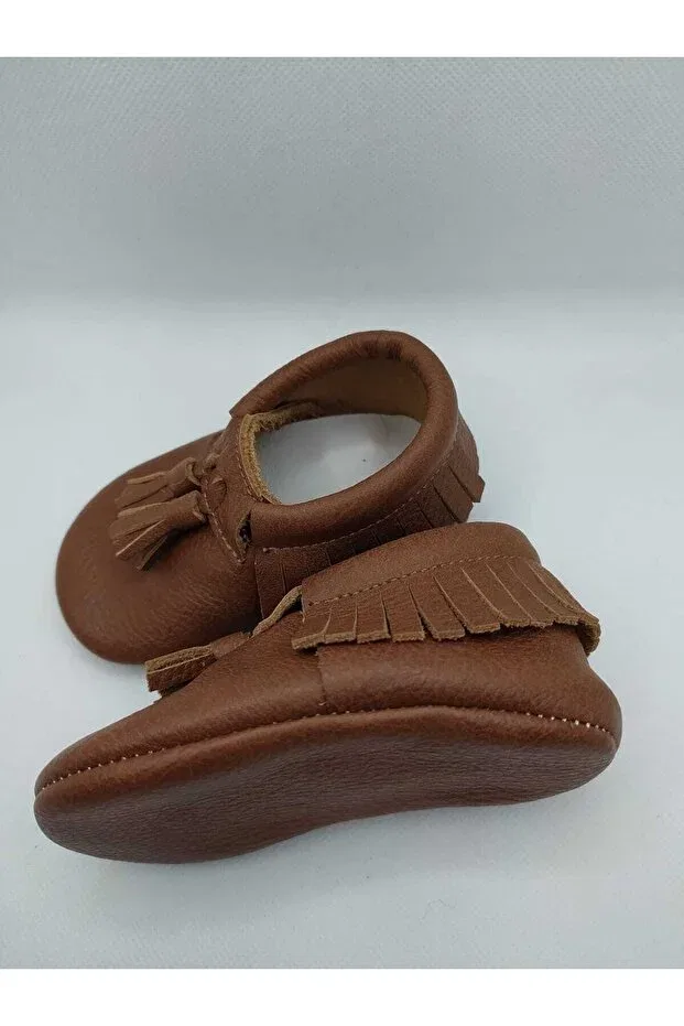 Детские мокасины-ботиночки для новорожденных кожаные King model Minibiri, Taba — фото 4