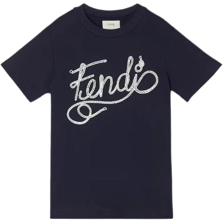 Детская футболка с круглым вырезом, хлопковая, FENDI, Marine Blue