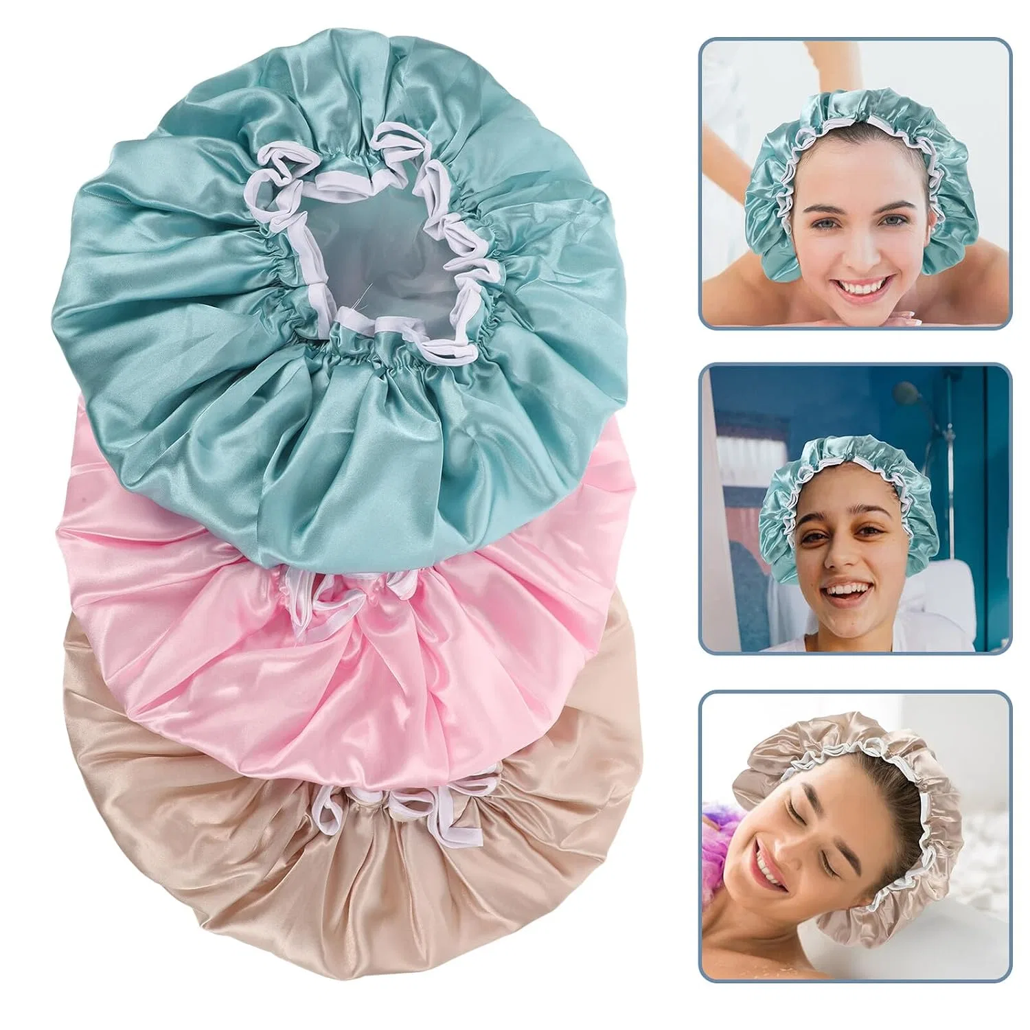 Шапочка для душа двойная из сатина и PE, Homoyoyo, 3 шт, 31x31x1 см — фото 4