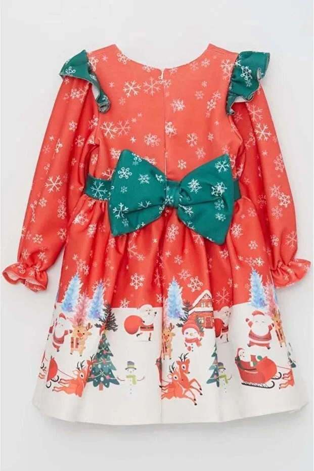 Детское платье для девочек с принтом Girls' red christmas dress with ruffled shoulders deer and snowflake print Riccotarz, Red — фото 4