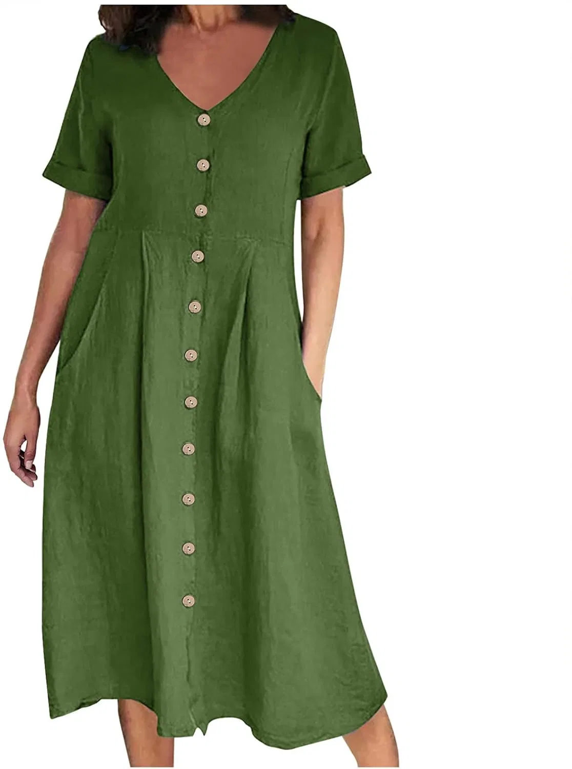 Женское платье-макси с V-образным вырезом Cotton Linen, Green