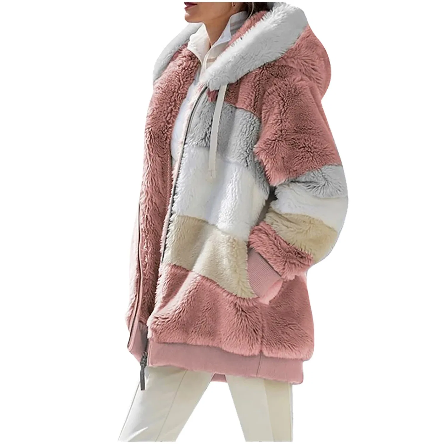 Женское утепленное пальто с капюшоном и принтом, Oversized Plus Size Teddy Hoodie, pink — фото 4