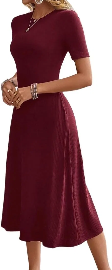 Женское повседневное платье миди A-силуэта Rib Knit, Burgundy — фото 2