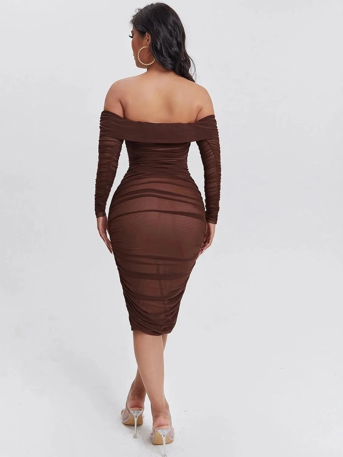 Женское повседневное миди-платье с рюшами Mesh, Chocolate Brown — фото 2