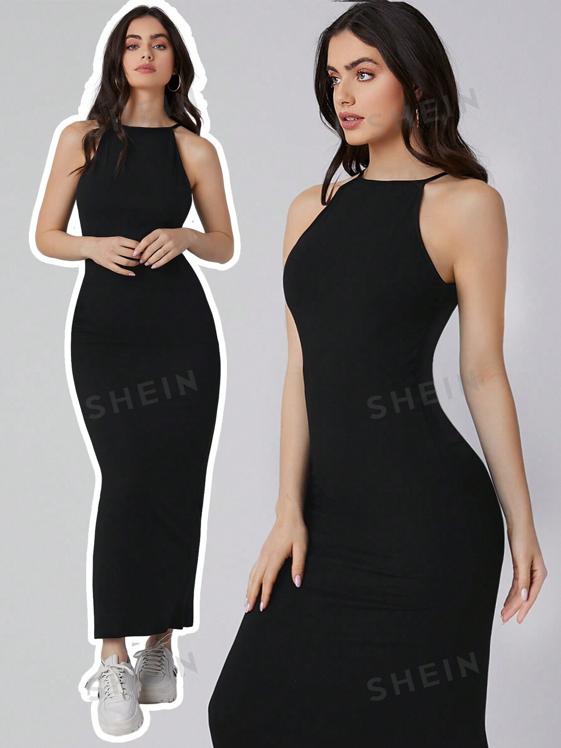 

BIZwear Платье, Однотонное, воротник-хомутик, черное, Длинное, Как рабочая одежда Shein, черный