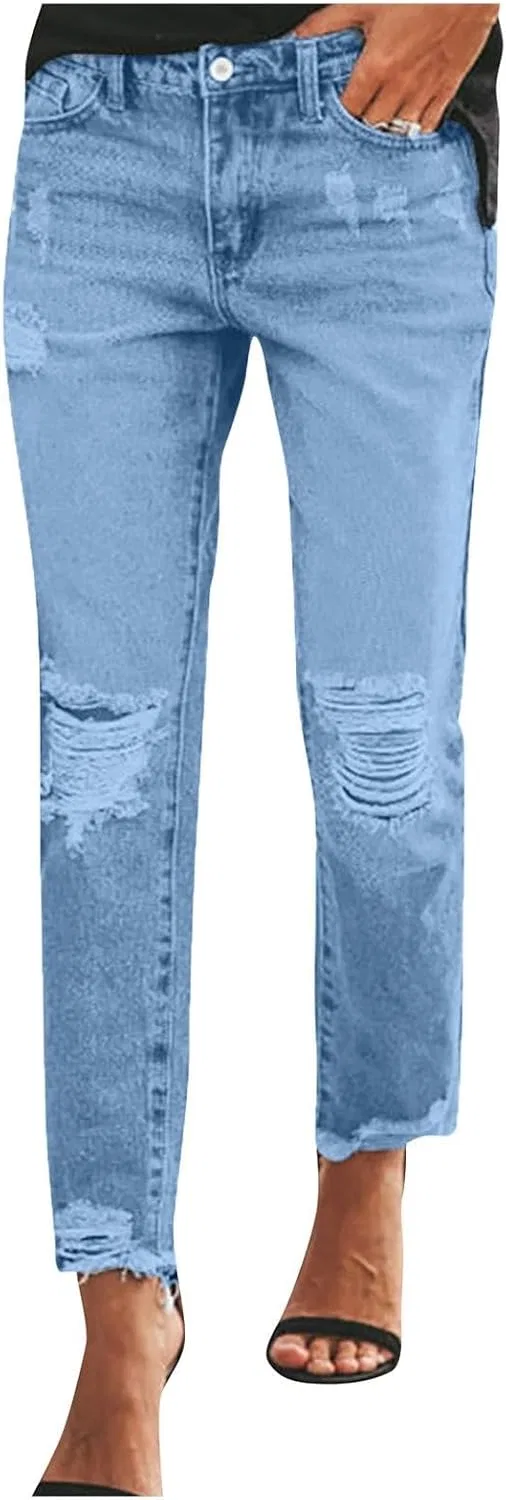 Джинсы прямые скинни, рваные, Light Blue