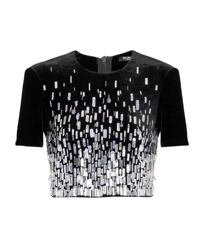 

Короткий топ с вышивкой Balmain, черный