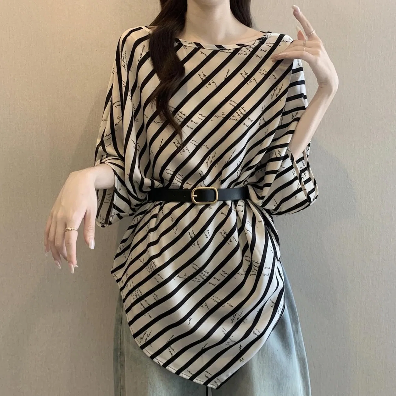 Блуза с асимметричным кроем, стрейч, белый в полоску — фото 3