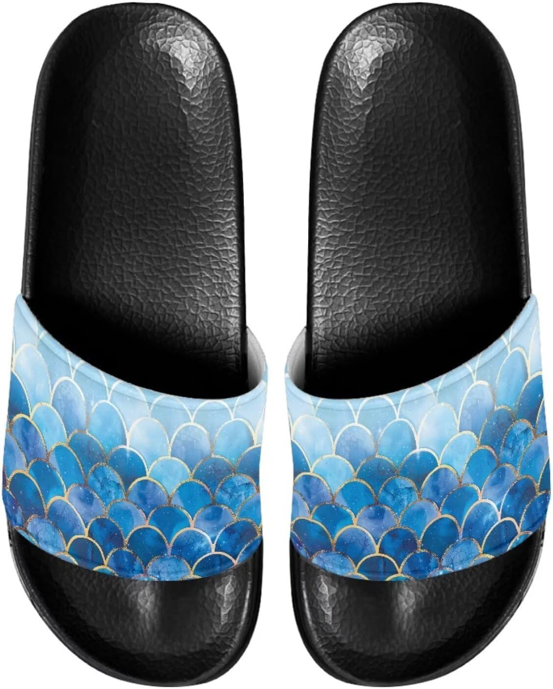 

Противоскользящие сланцы для женщин и мужчин, открытые босоножки для дома, удобные плоские шлепанцы для ванной и пляжа Annejudy, Blue Scales Print