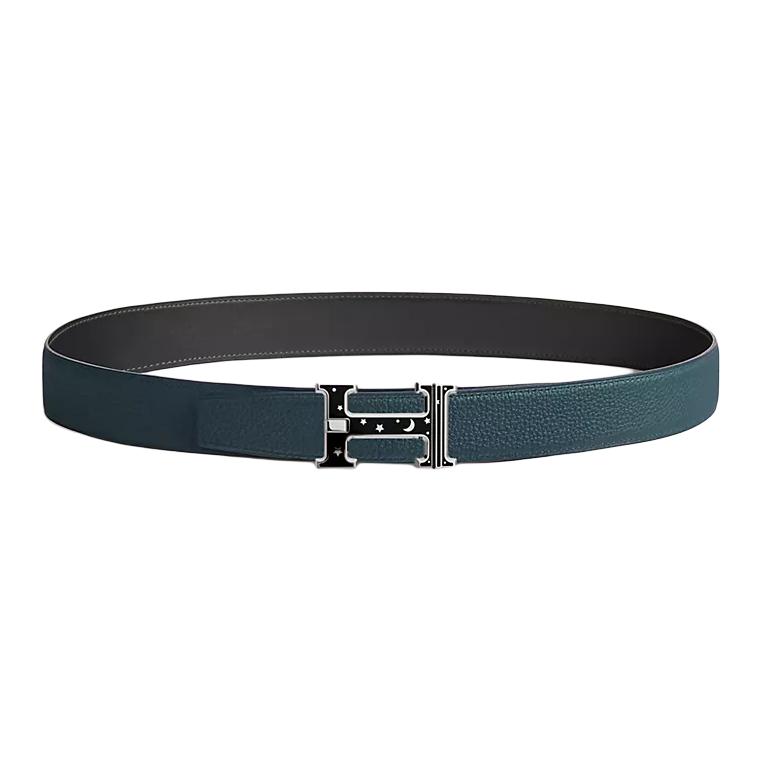 HERMES Мужской ремень из телячьей кожи Того черно-синий шириной 3,2 см, Black/Blue — фото 3
