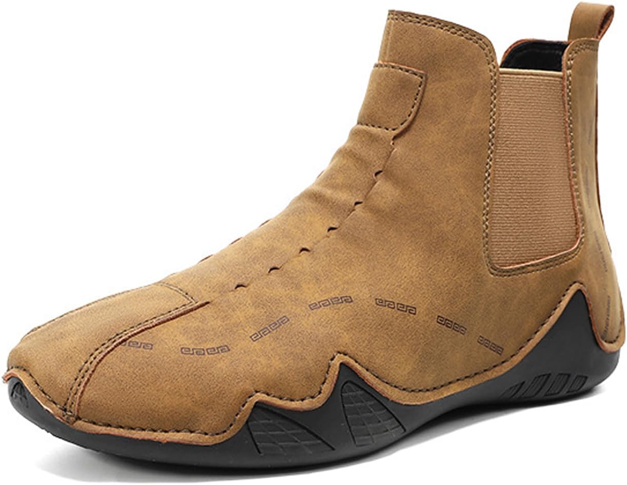 

Мужские кожаные эластичные ботинки FAGLKAK с плоской подошвой, модные легкие ботинки с круглым носком без шнуровки, поддержкой свода стопы, челси, для походов, вождения и повседневной носки на улице, коричневый