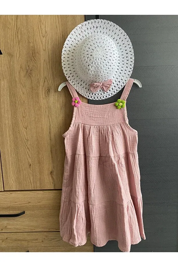 Детское платье для девочек с принтом Layered Dress & Straw Hat Set Mini Zehram, Rose Dry — фото 2