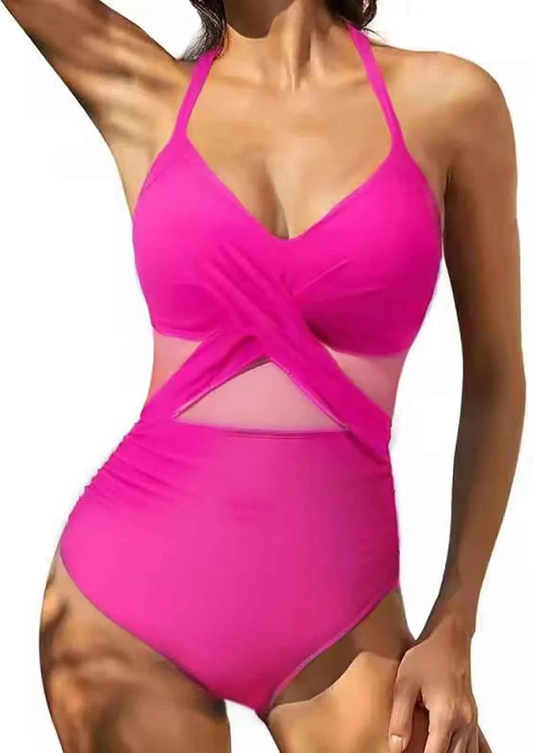 Женский слитный купальник с завышенной талией и эффектом утяжки, Hot Pink