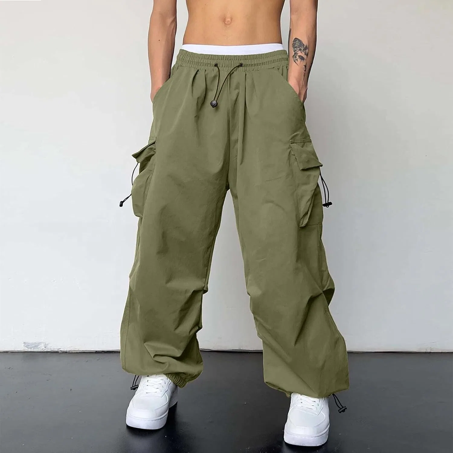 Мужские парашютные штаны свободного кроя с карго-карманами, армейский зелёный — фото 2
